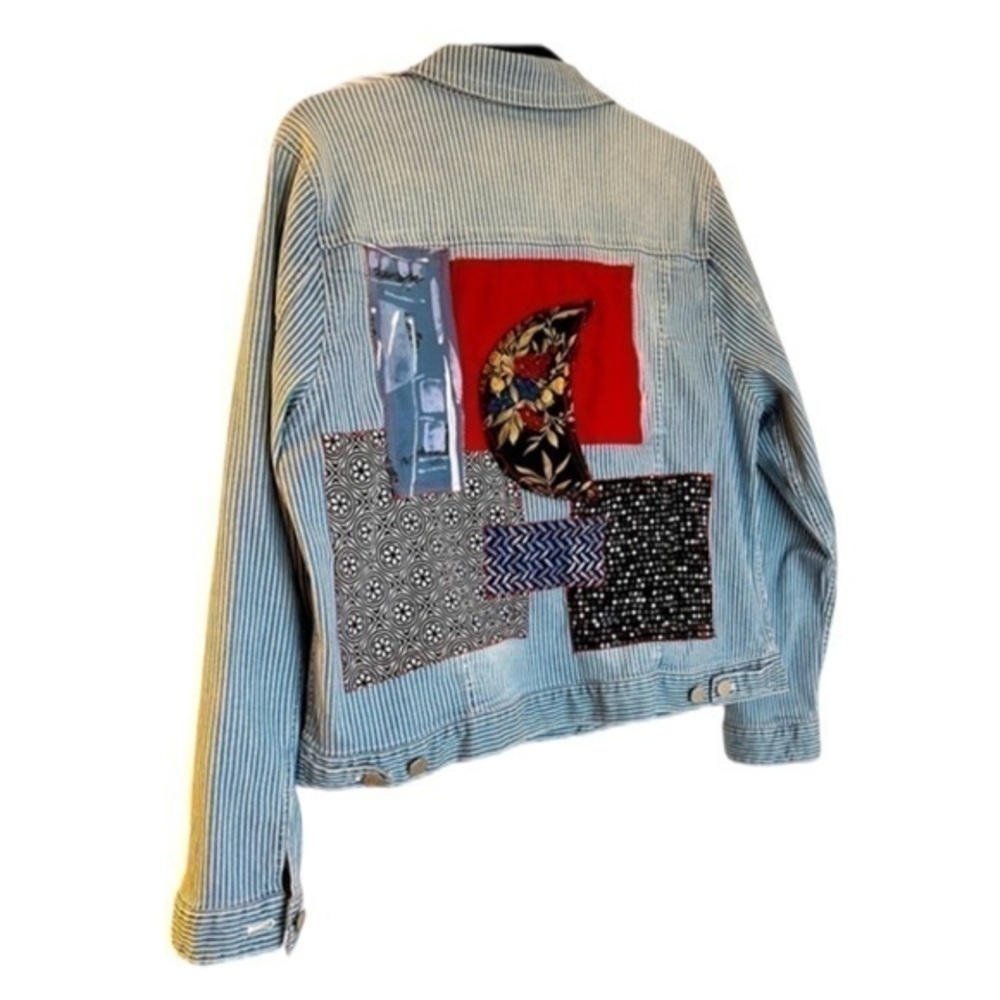 Handmade OOAK Upcycled Blue Flower Moon Celestial Wabi Sabi Patch Denim Jacket 5 - Picture 5 of 12